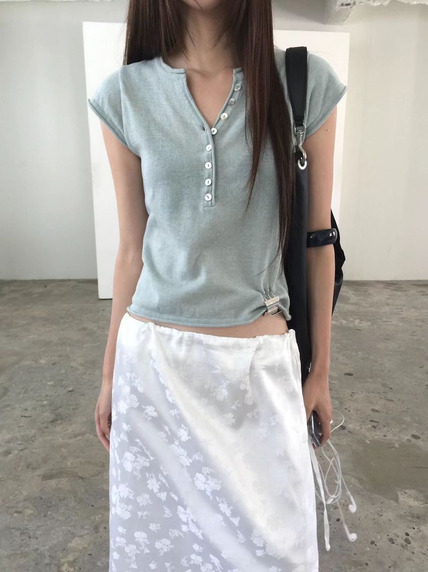 breathable cotton knit button top