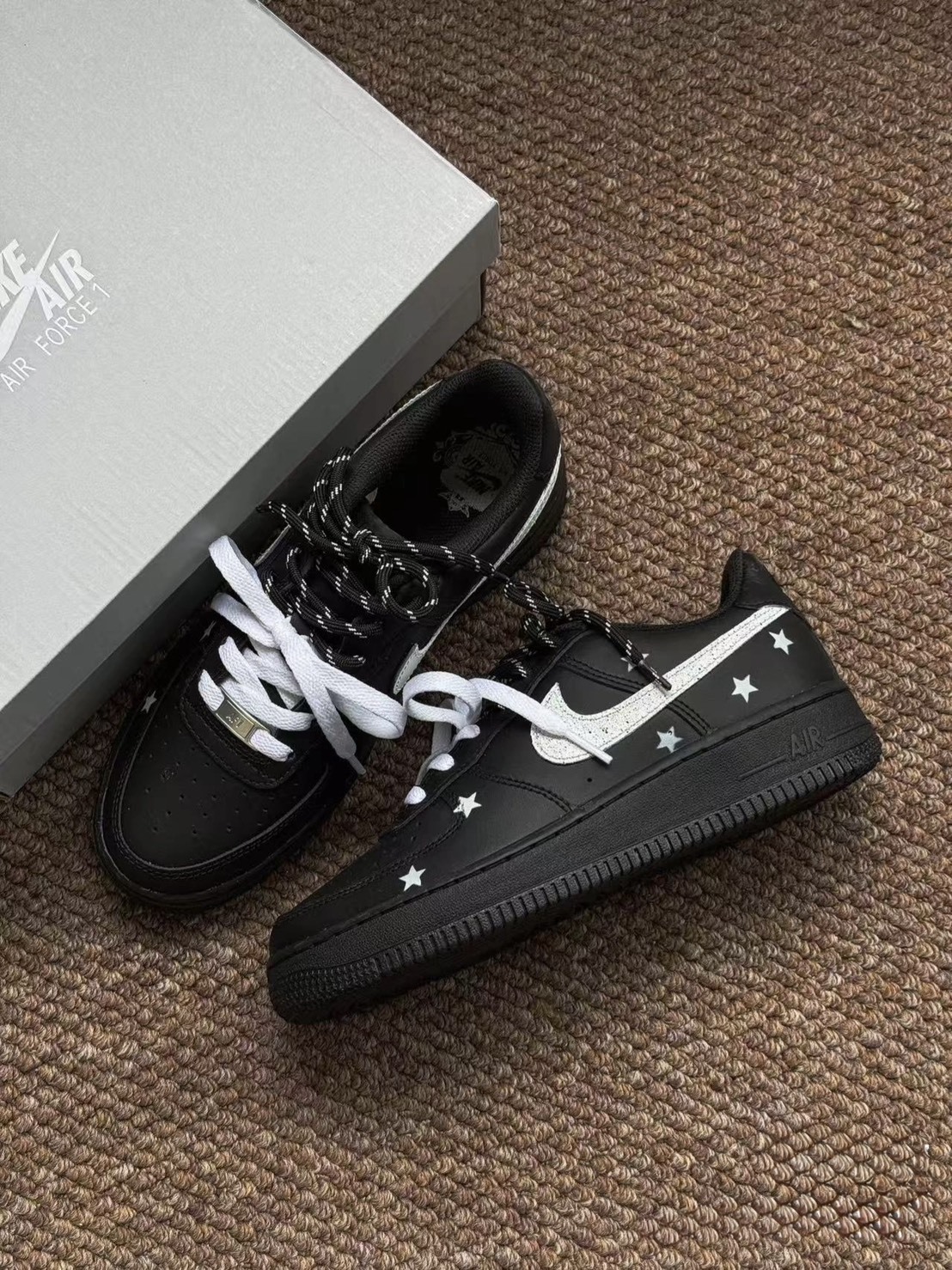 【預購】NIKE AIR FORCE 1 星際武士 潑墨 雙鞋帶 星武士 點綴 全黑鞋 訂製款