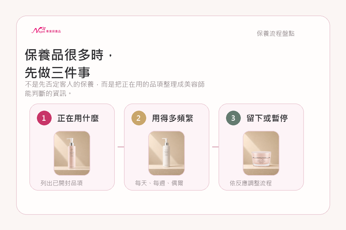 美容師協助客人盤點正在使用的保養品頻率與留用項目