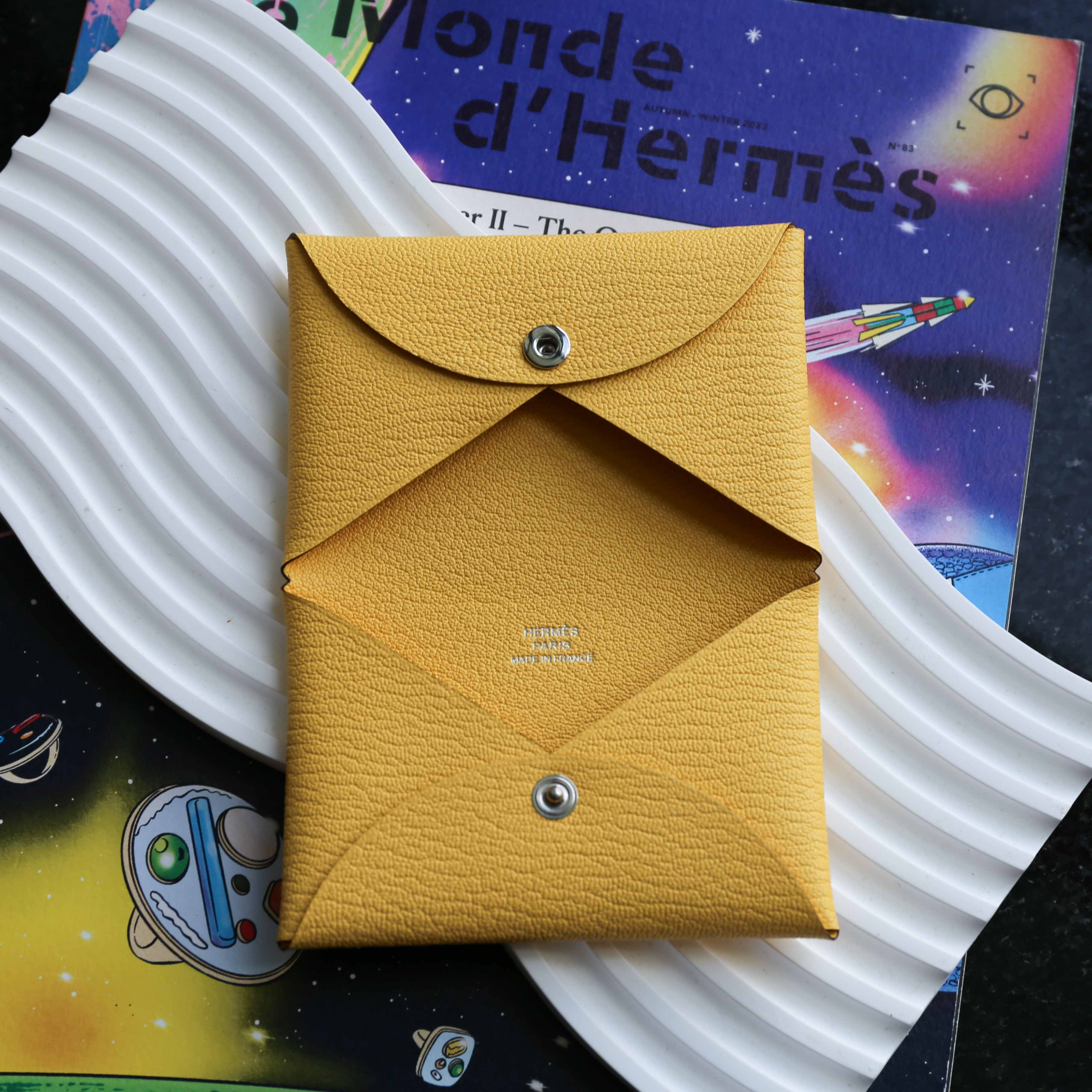 Hermes Calvi CardHolder  (Chevre Mysore Leather Jaune Mango Color)