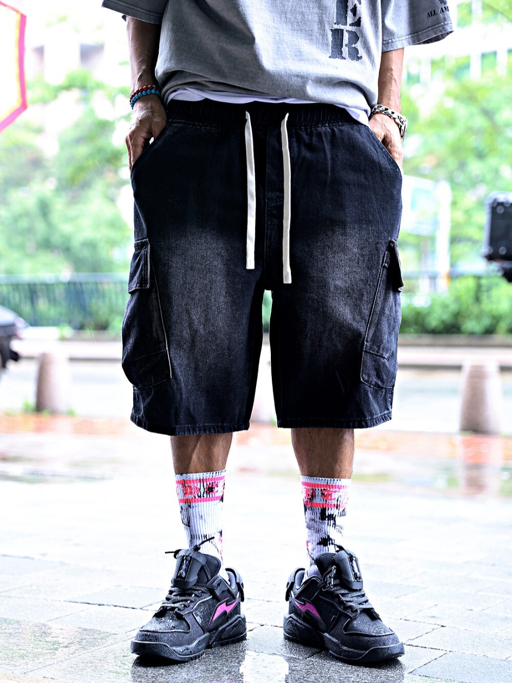 Washed denim shorts