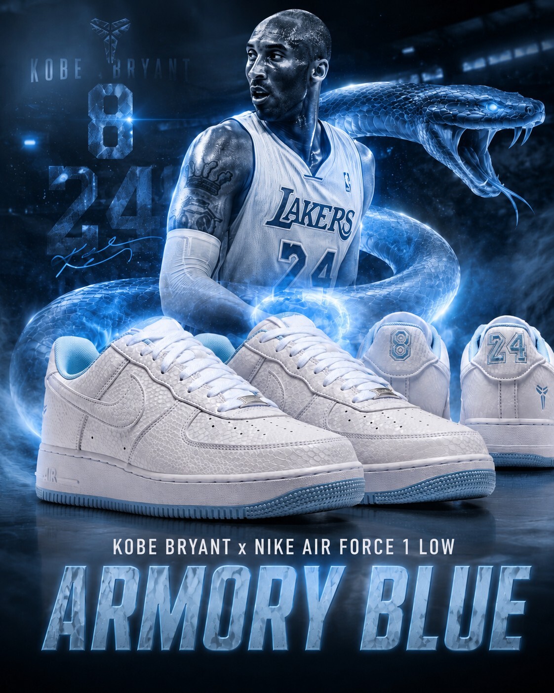 Nike x Kobe Bryant Air Force 1 Low "Armory Blue" 淺藍白 蛇麟 刺繡 科比 曼巴 低筒休閒鞋 男女鞋
