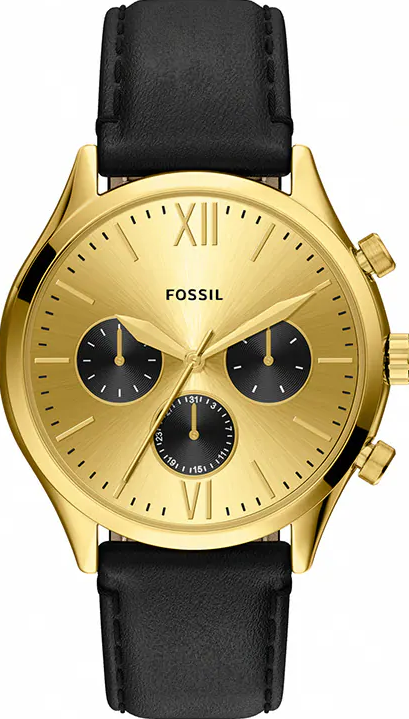 萬年鐘錶 - Fossil    Fenmore 金色面盤經典三眼計時皮革款男錶 BQM7133 錶徑44MM
