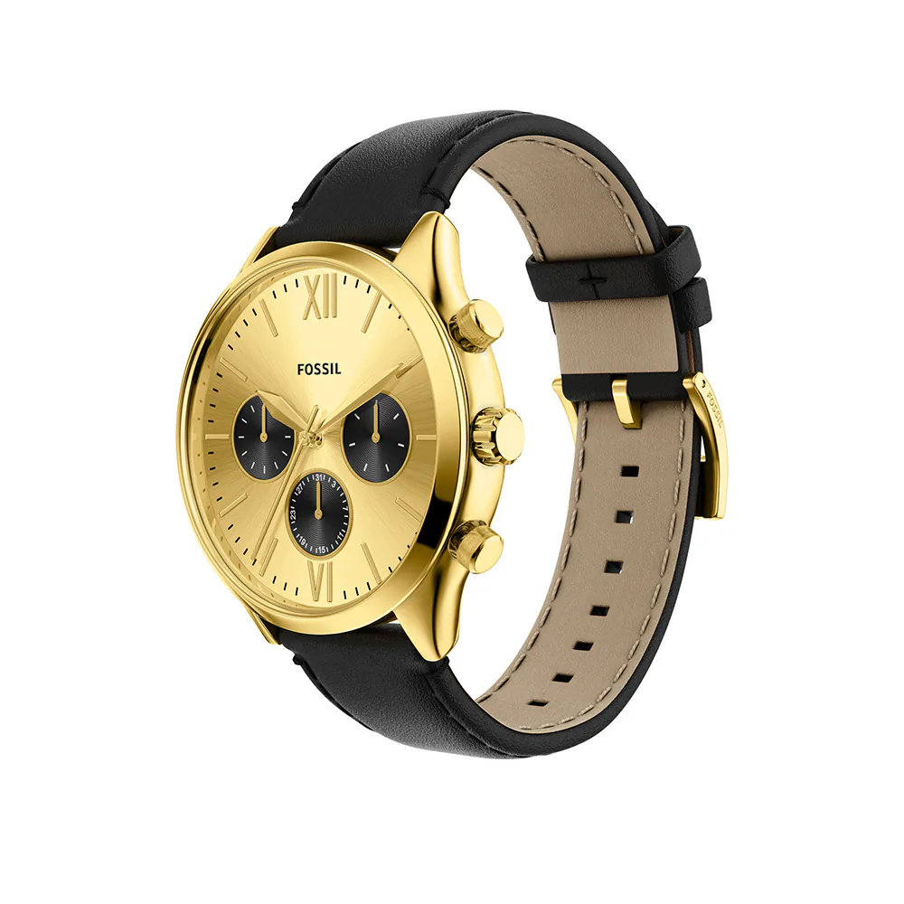 萬年鐘錶 - Fossil    Fenmore 金色面盤經典三眼計時皮革款男錶 BQM7133 錶徑44MM