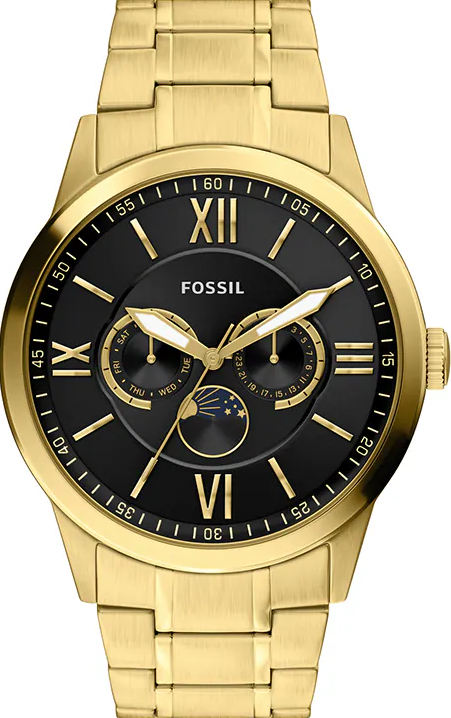 萬年鐘錶 - Fossil   Flynn 經典雅士羅馬數字全金色三眼不鏽鋼錶帶男錶 BQM7136 錶徑48MM