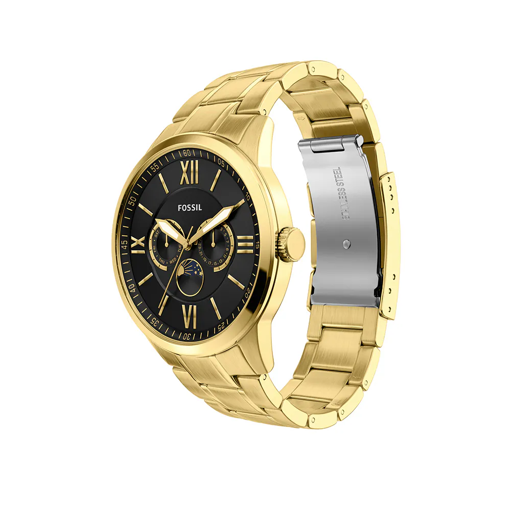 萬年鐘錶 - Fossil   Flynn 經典雅士羅馬數字全金色三眼不鏽鋼錶帶男錶 BQM7136 錶徑48MM