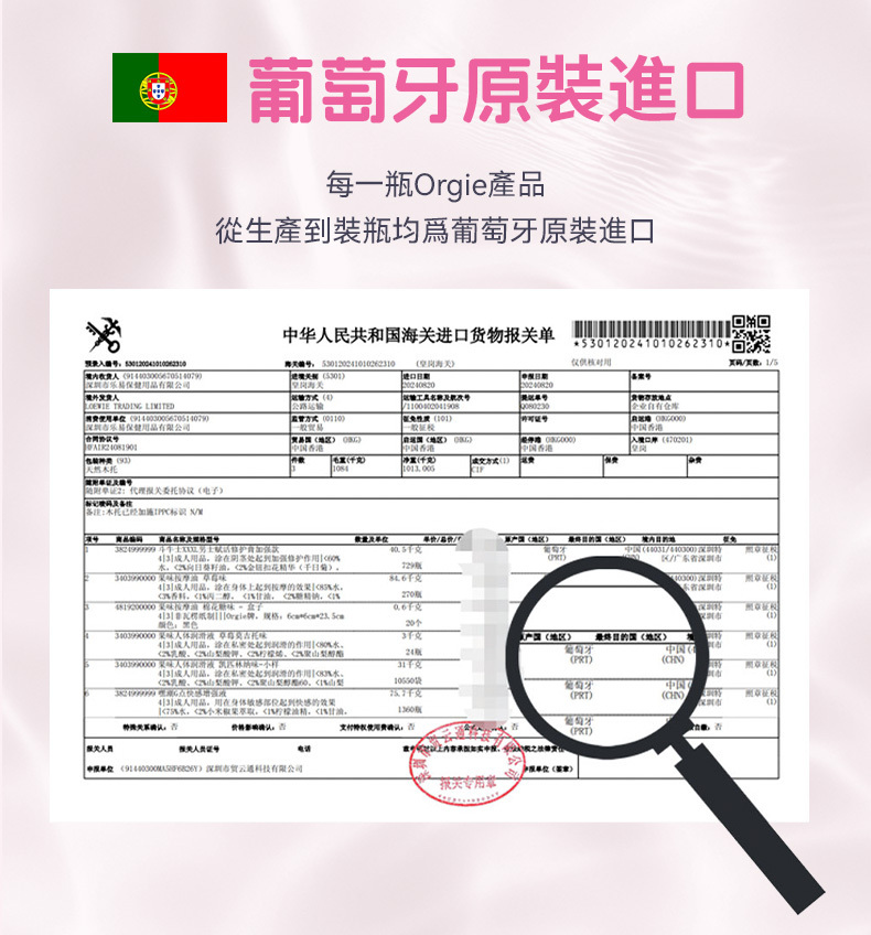 Orgie 私處水潤修護液葡萄牙進口，展示中華人民共和國海關進口貨物報關單，每一瓶均為原裝進口。