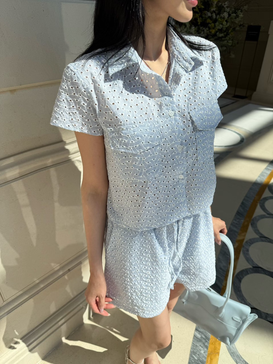 洞洞蕾絲布短袖襯衫+短褲SET