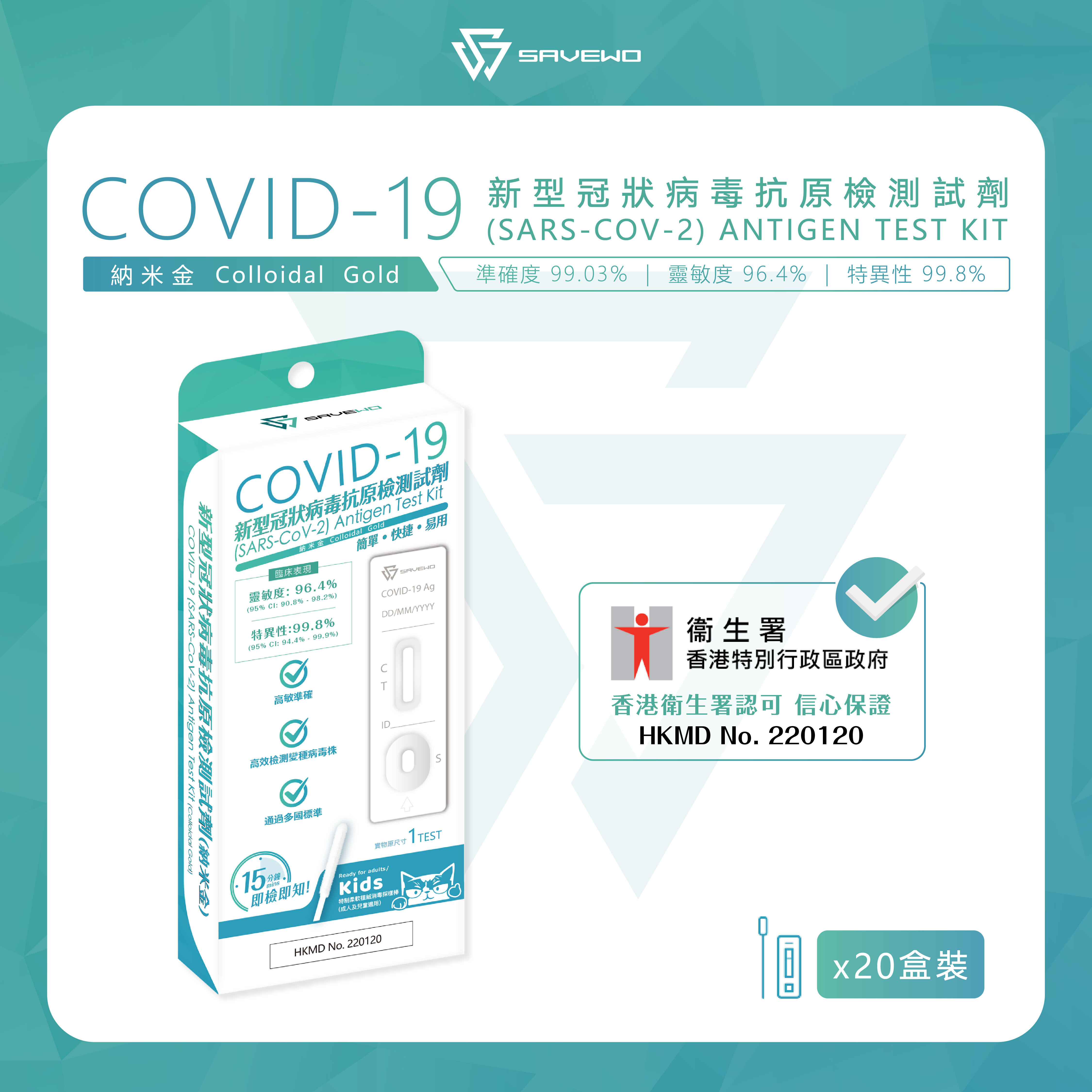 *20支裝, 平均 $4.5/盒* SAVEWO COVID-19 (SARS-COV-2) ANTIGEN TEST KIT 新型冠狀病毒抗原測試劑
