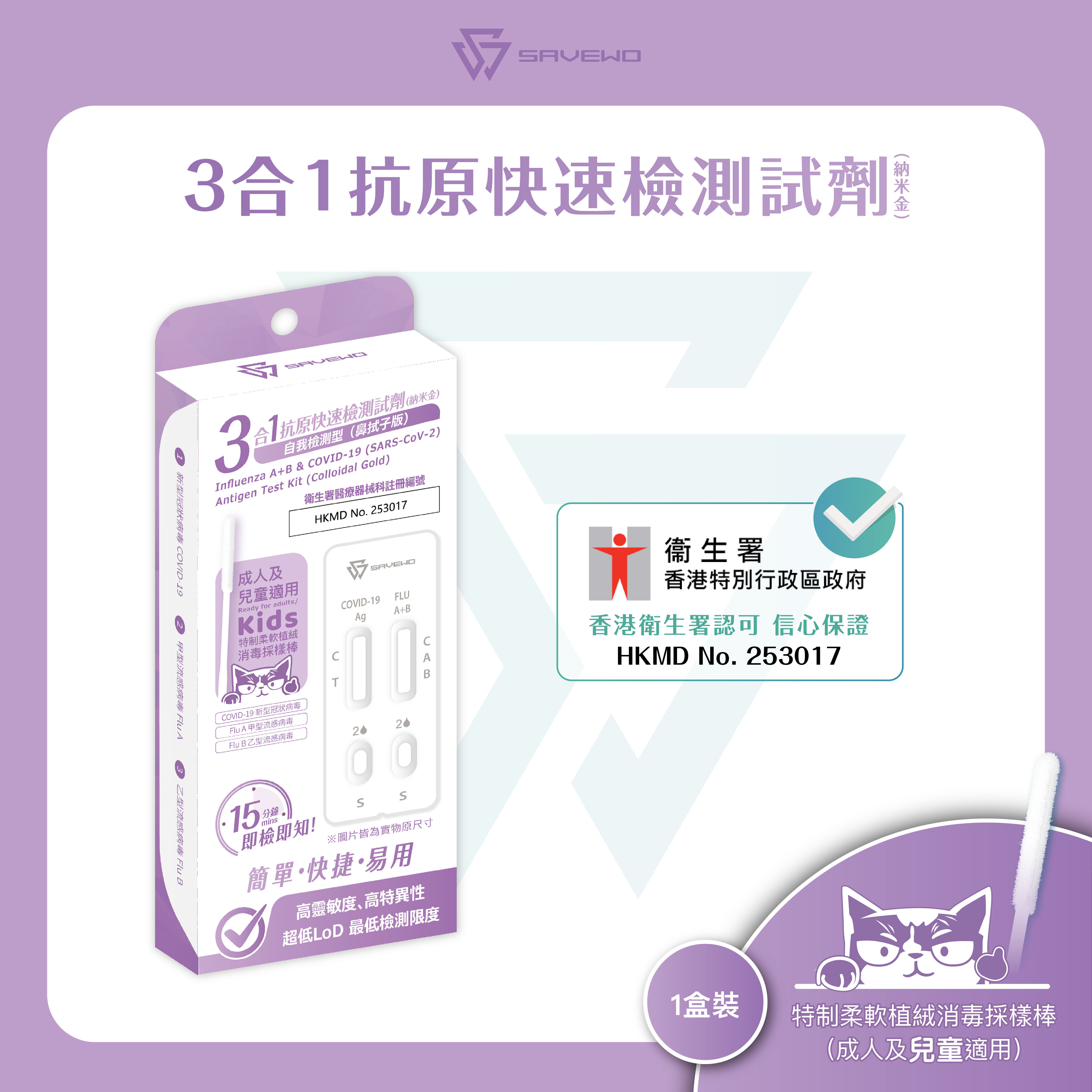 *1支裝* SAVEWO 三合一抗原快速檢測試劑 (新型冠狀病毒 COVID-19 / 甲型流感病毒 Flu A / 乙型流感病毒 Flu B)