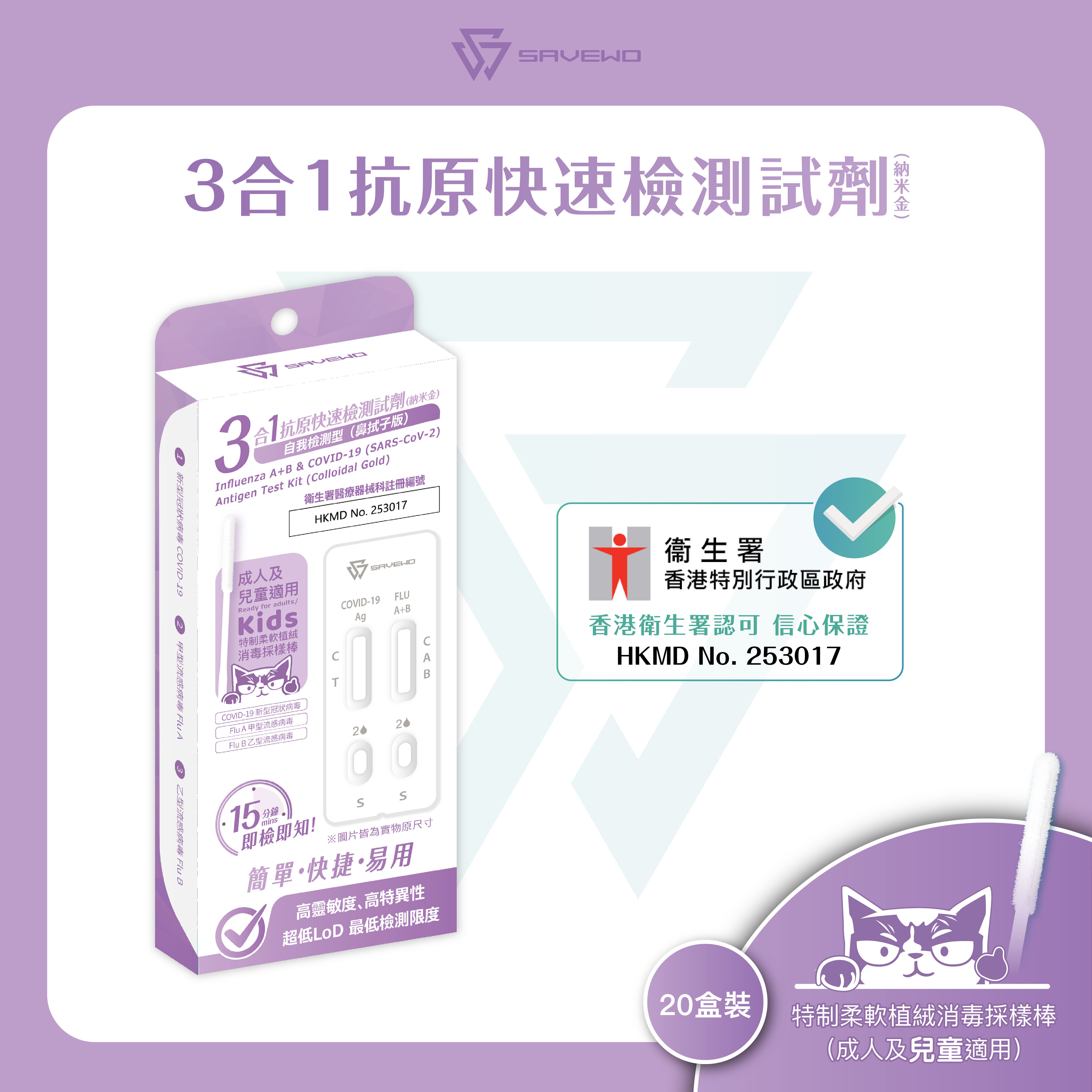 *20支裝* SAVEWO 三合一抗原快速檢測試劑 (新型冠狀病毒 COVID-19 / 甲型流感病毒 Flu A / 乙型流感病毒 Flu B)