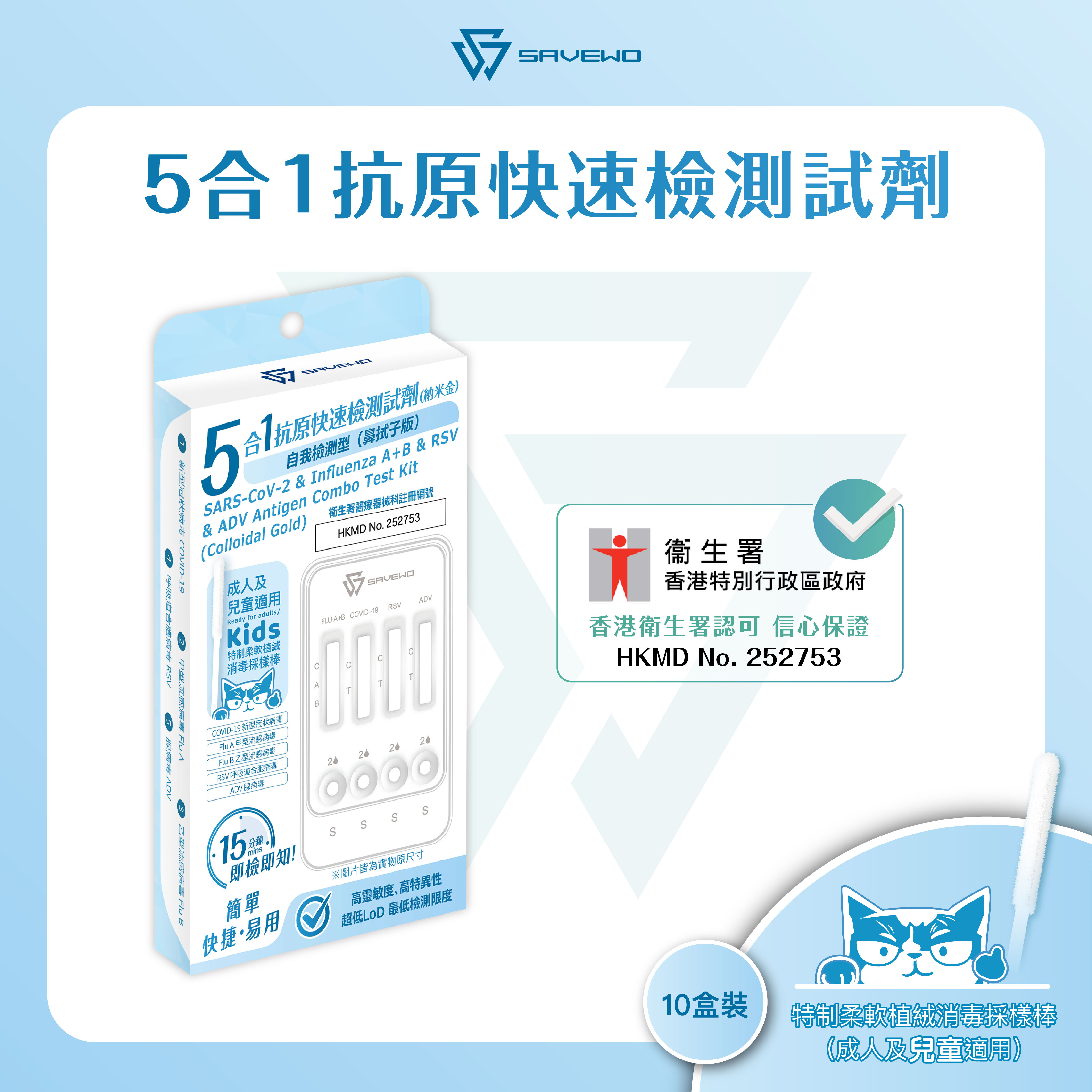 *10支裝* SAVEWO 五合一抗原快速檢測試劑 (新型冠狀病毒(Covid-19) / 甲型流感病毒(Influenza A) / 乙型流感病毒(Influenza B) / RSV呼吸道合胞病毒 / ADV腺病毒)