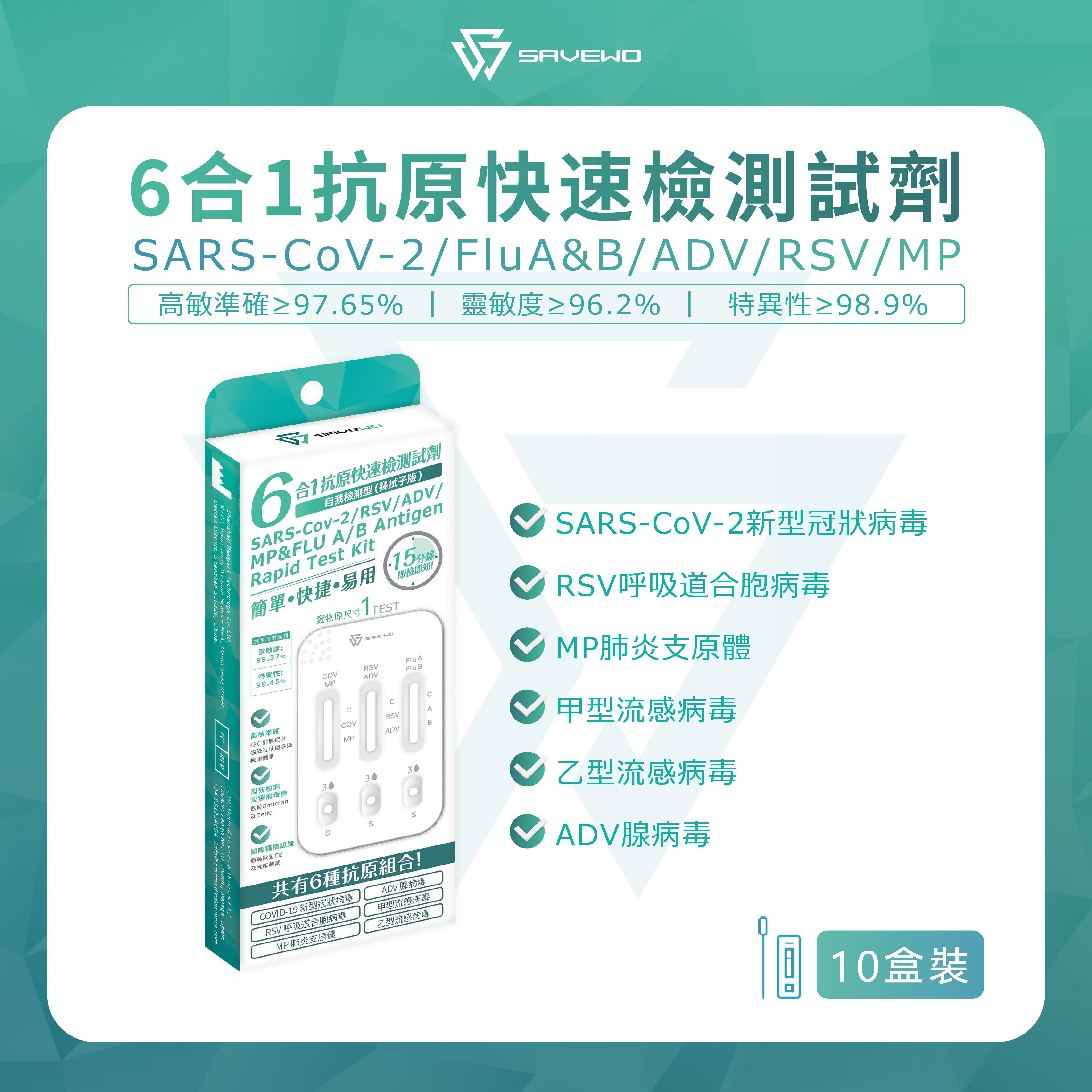 *10支裝* SAVEWO六合一抗原快速檢測試劑 (新型冠狀病毒 Covid-19 / 呼吸道合胞病毒 RSV / 甲型流感 Flu A / ⼄型流感 Flu B / 腺病毒 ADV / 肺炎支原體 MP)