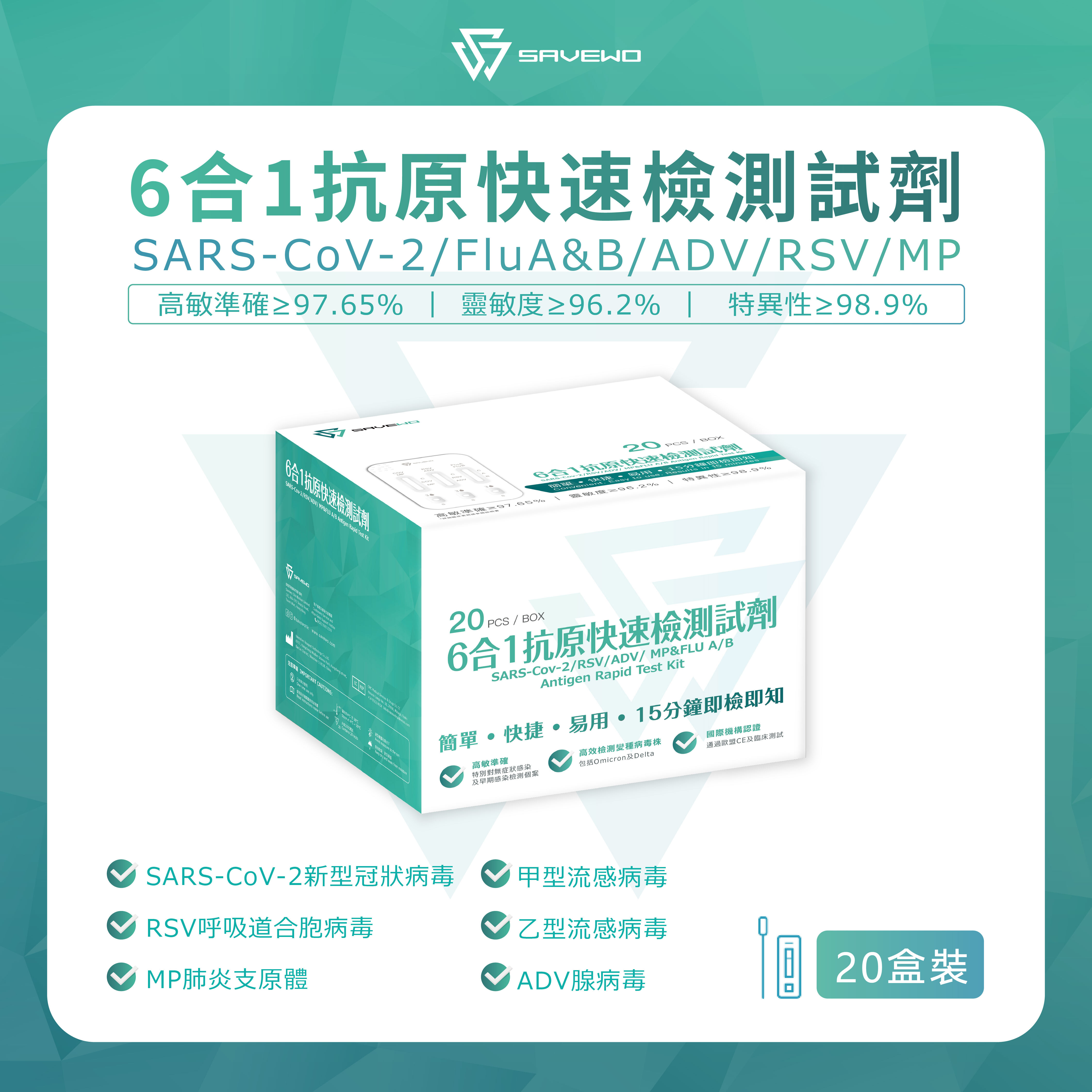 *20支裝* SAVEWO六合一抗原快速檢測試劑 (新型冠狀病毒 Covid-19 / 呼吸道合胞病毒 RSV / 甲型流感 Flu A / ⼄型流感 Flu B / 腺病毒 ADV / 肺炎支原體 MP)