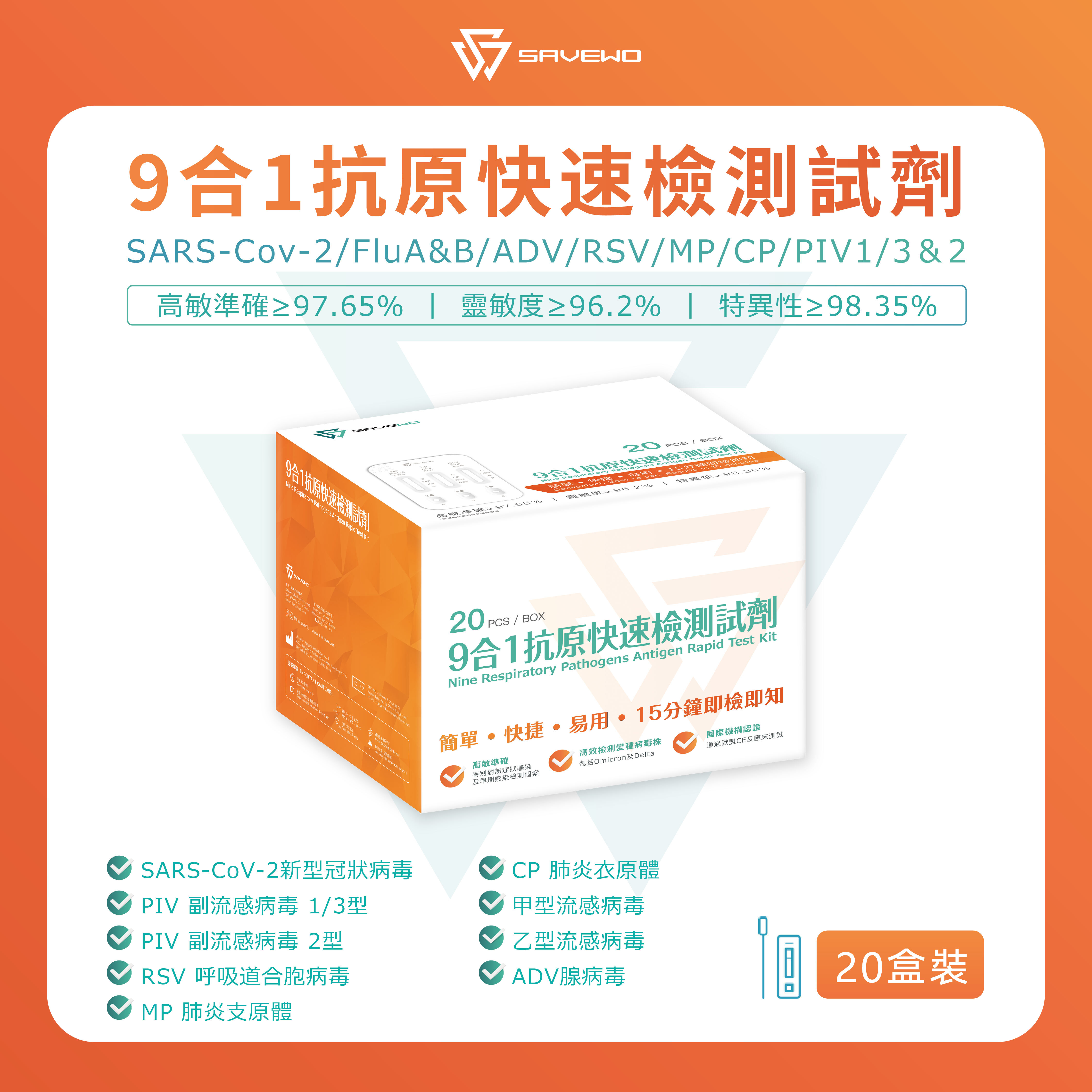 *20支裝* SAVEWO 九合一抗原快速檢測試劑 (新型冠狀病毒 Covid-19 / 呼吸道合胞病毒 RSV / 甲型流感 Flu A/ ⼄型流感 Flu B/ 腺病毒 RSV/ 肺炎支原體 MP/副流感 PIV 1/3型/副流感PIV 2型/肺炎衣原體 CP)