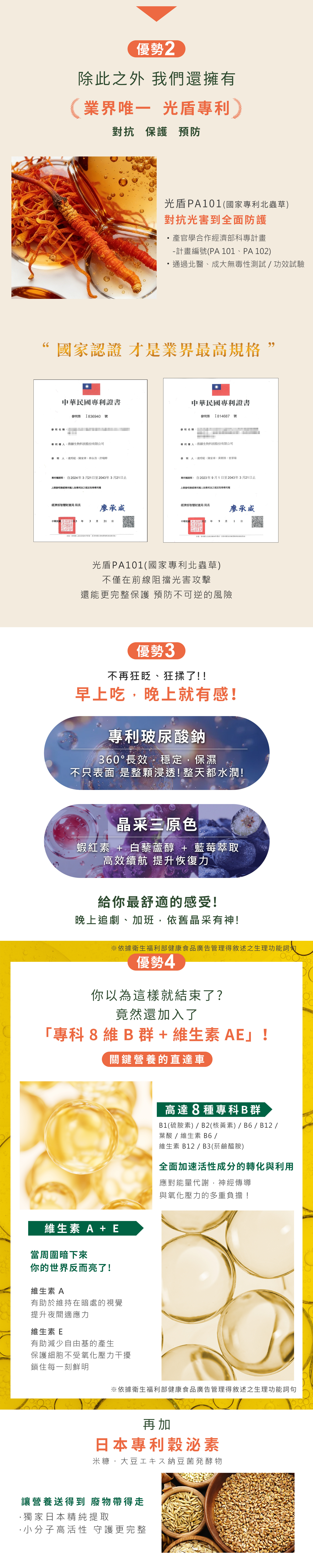 具備業界唯一光盾專利與專利玻尿酸鈉。添加晶采 3 原色、專科 8 維 B 群與維生素 AE,另加日本專利穀泌素,帶來日常舒適。