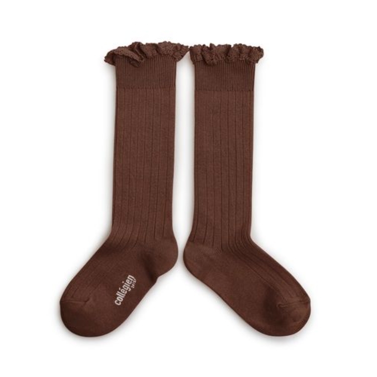 (預購) COLLEGIEN 布蕾絲邊羅紋長襪 Joséphine - 786 Chocolat au Lait 巧克力