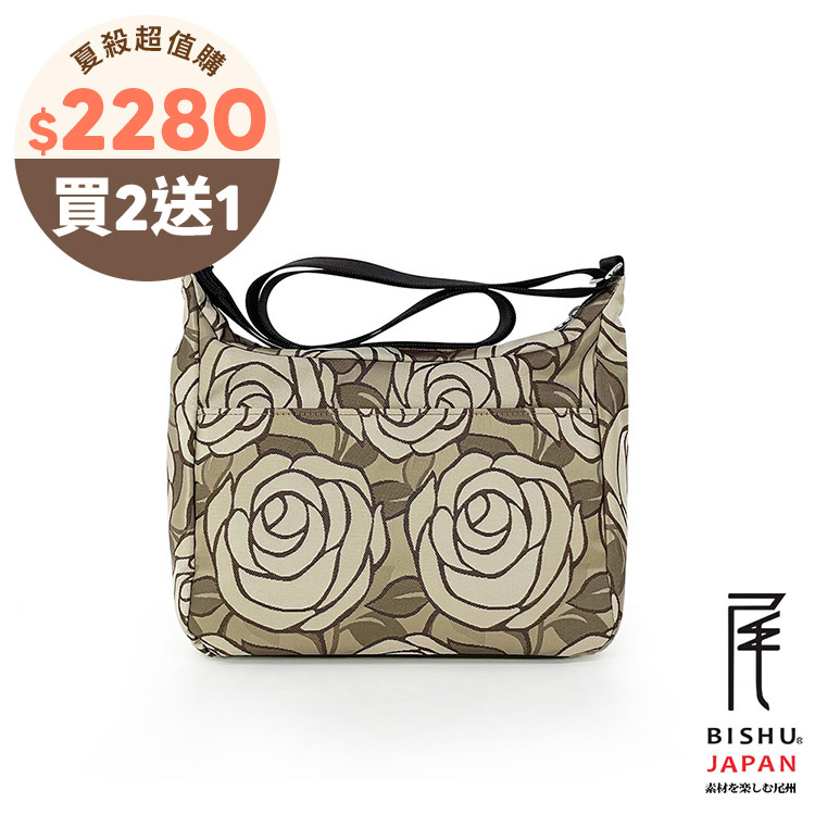 日本製-尾州織 漫步玫瑰園斜背包側背包-白玫瑰