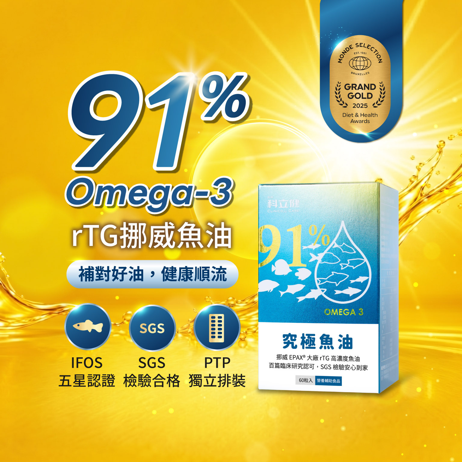 科立健 91% Omega-3 rTG 挪威頂級魚油，IFOS五星認證，幫你補對好油，維持健康順流。
