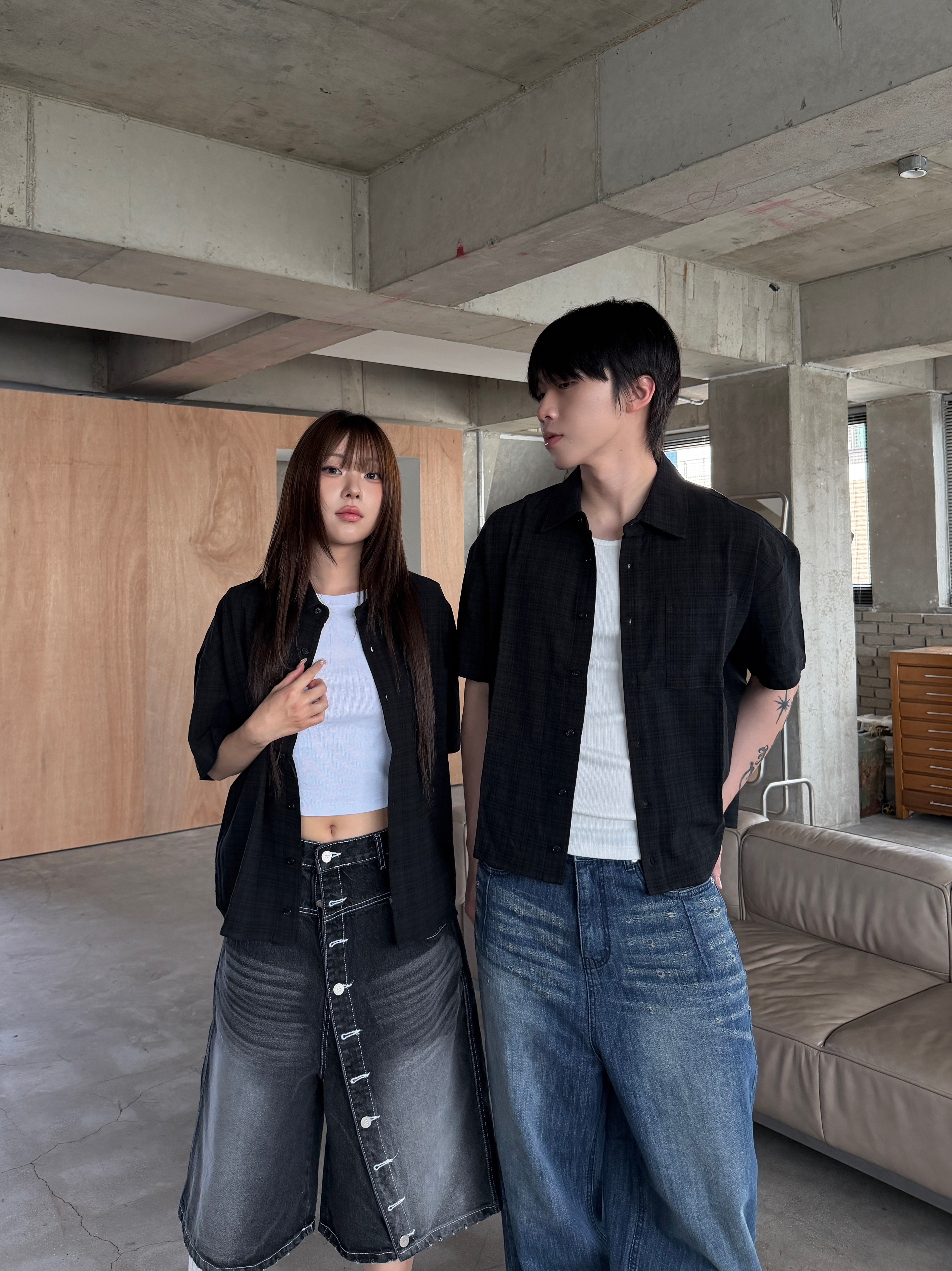 ［IDEAL MADE］BOXY 細格子 口袋寬短襯衫
