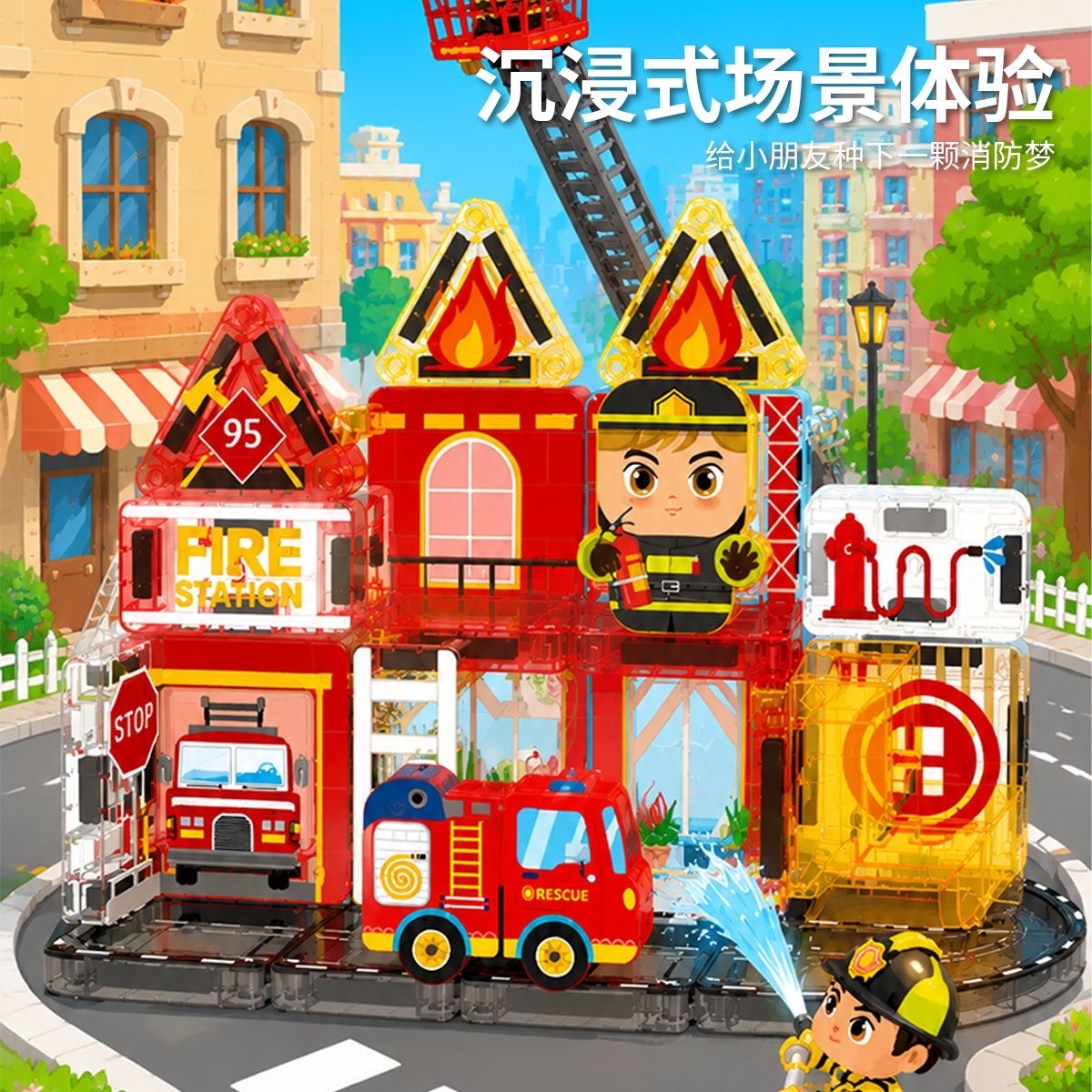 PREORDER 预购  迷你磁力片套装彩窗交通消防主题磁力片儿童益智积木玩具