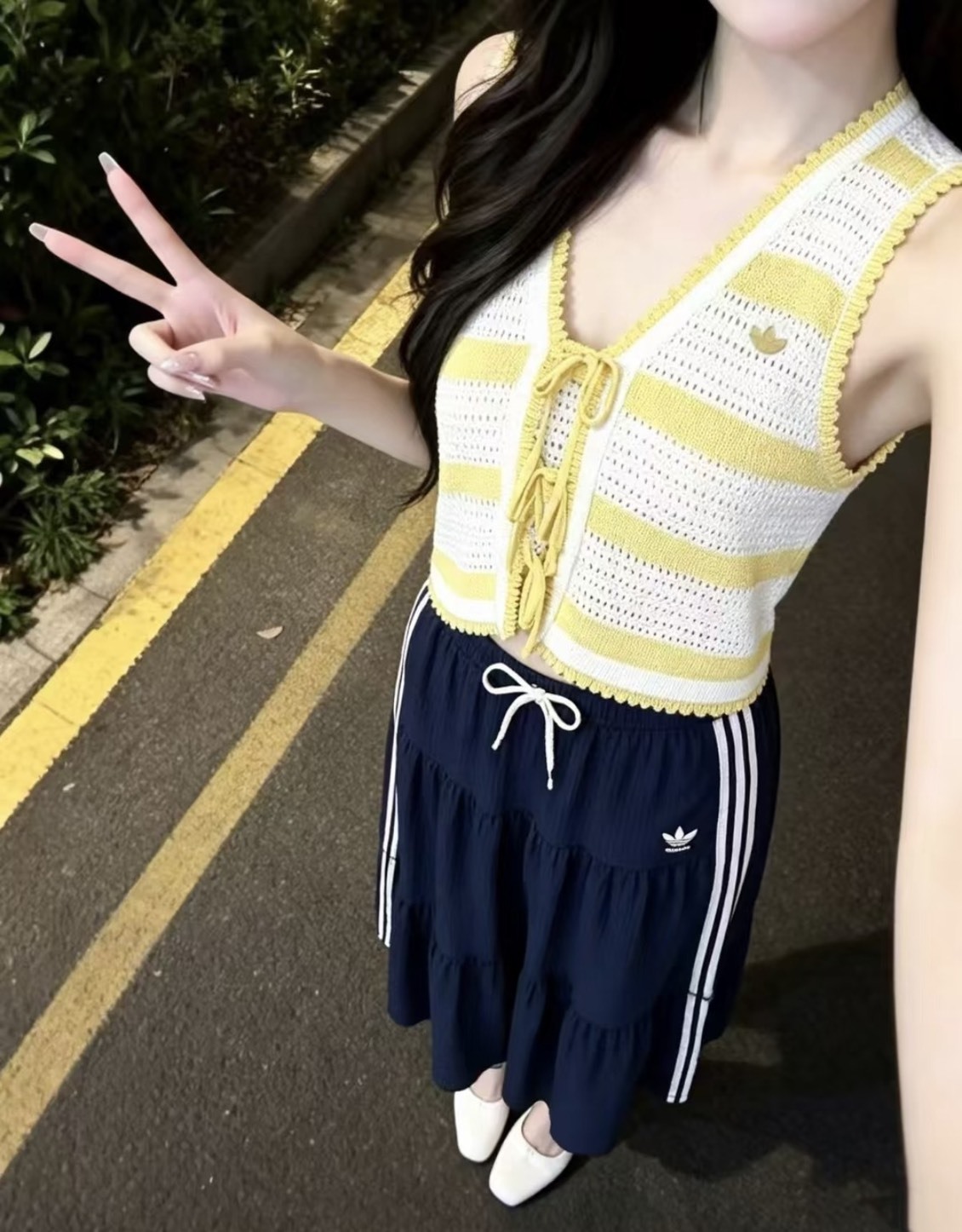 〈夏日度假感🍹〉ADIDAS ORIGINALS  南洋風 針織 綁帶罩衫 檸檬黃