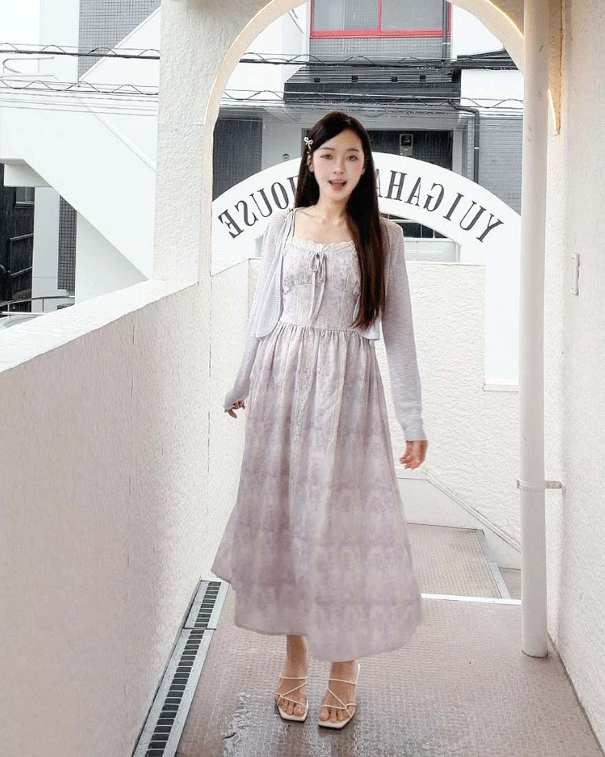 LINA LINA優美詩意刺繡暈染花卉洋裝外套兩件組-夢幻紫