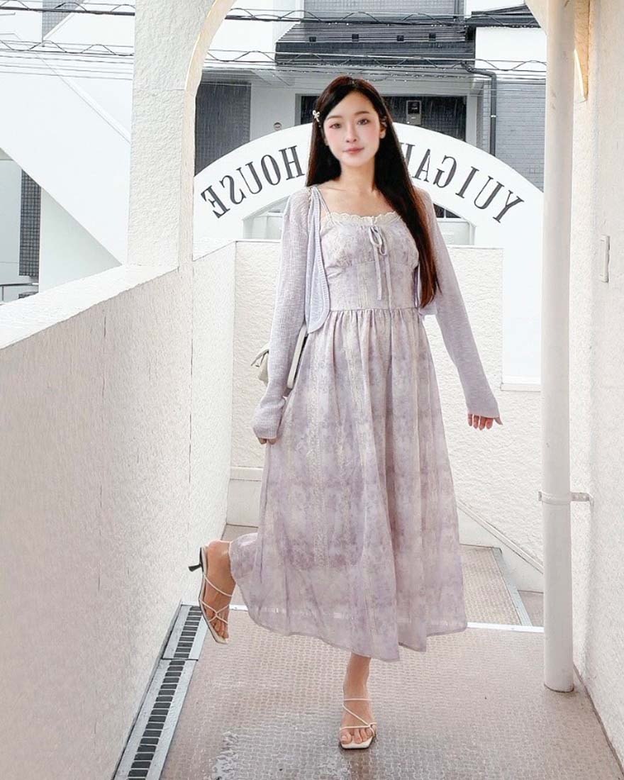 LINA LINA優美詩意刺繡暈染花卉洋裝外套兩件組-夢幻紫