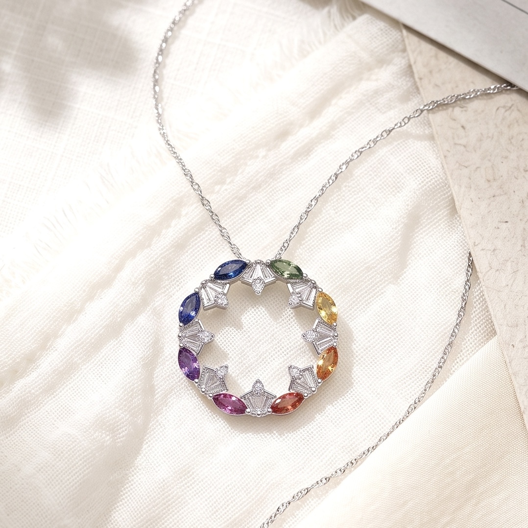 18K Gold Rainbow Sapphires Pendant with Diamonds setting
