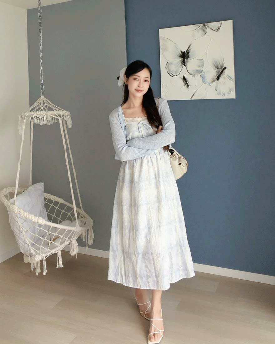 LINA LINA優美詩意刺繡暈染花卉洋裝外套兩件組-清新藍