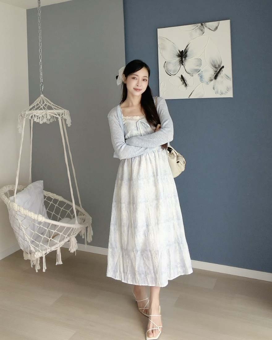 LINA LINA優美詩意刺繡暈染花卉洋裝外套兩件組-清新藍