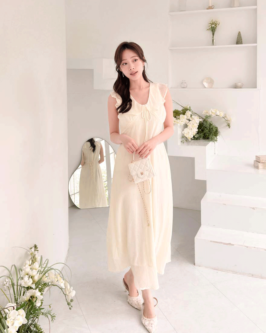 LINA LINA優雅香榭蕾絲蝴蝶結荷葉翻領洋裝-奶油杏
