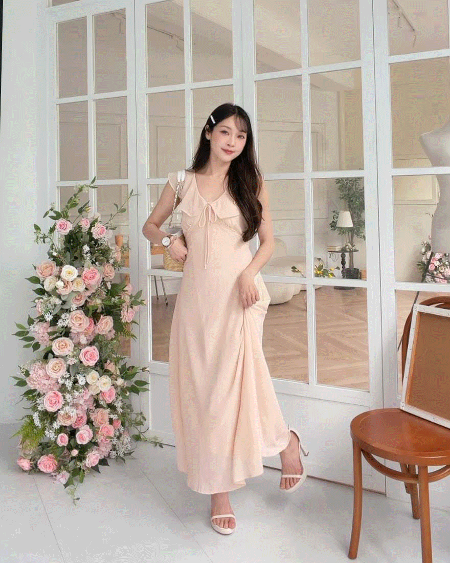 LINA LINA優雅香榭蕾絲蝴蝶結荷葉翻領洋裝-甜美粉
