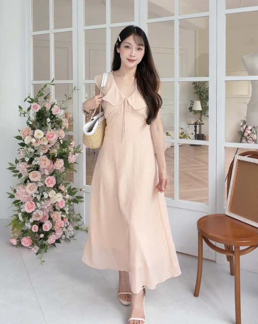 LINA LINA優雅香榭蕾絲蝴蝶結荷葉翻領洋裝-甜美粉