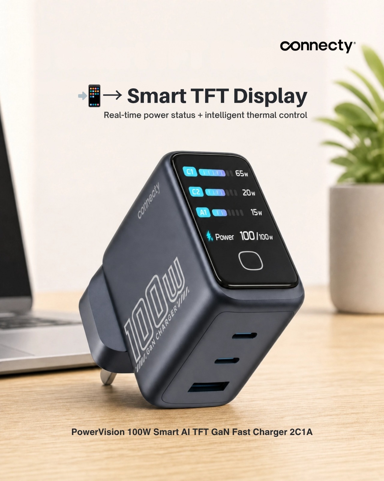 Connecty PowerVision 100W Smart AI TFT GaN Fast Charger 2C1A CA431D