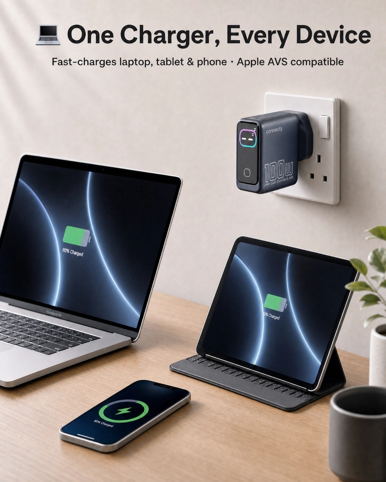 Connecty PowerVision 100W Smart AI TFT GaN Fast Charger 2C1A CA431D
