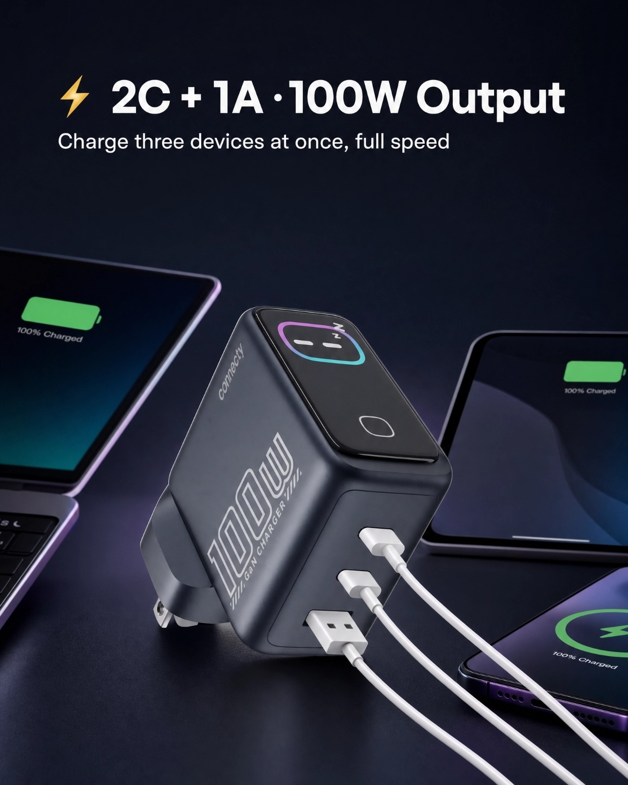Connecty PowerVision 100W Smart AI TFT GaN Fast Charger 2C1A CA431D