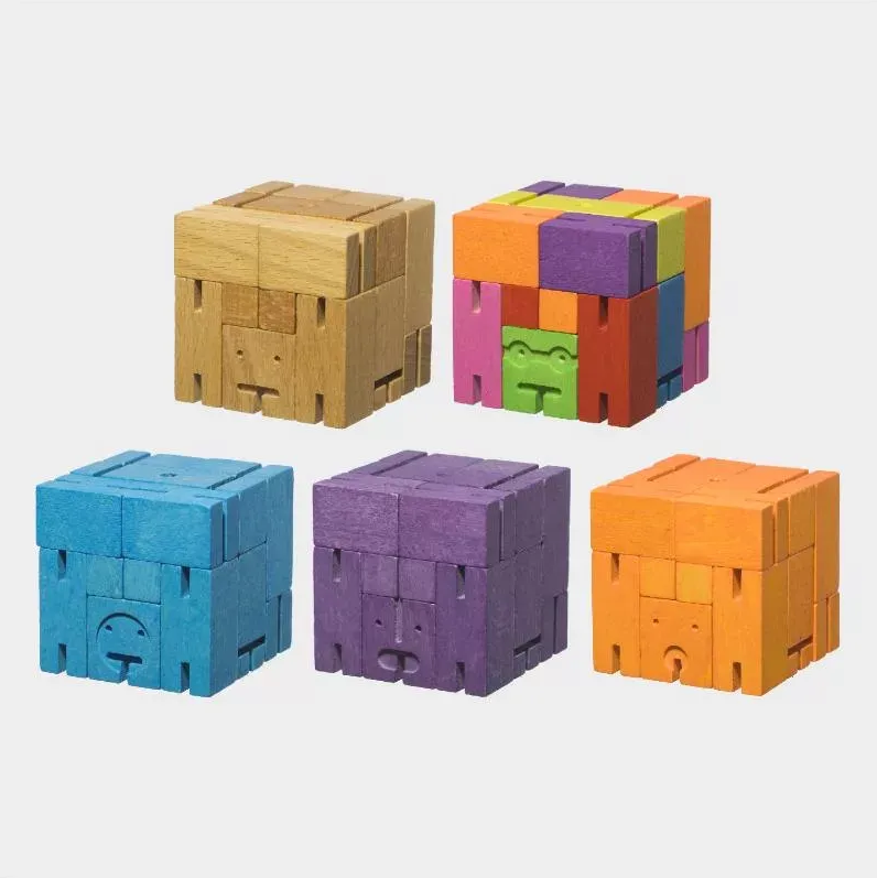 【 美國 Cubebot | 小型 酷比人積木變形機器人 - 樸實木 】