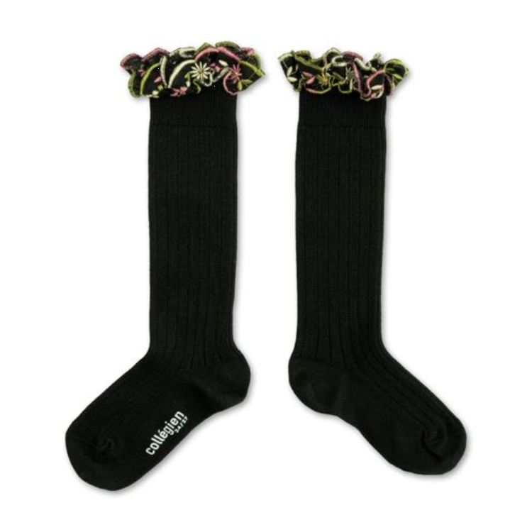 (預購) COLLEGIEN 花卉刺繡荷葉邊高筒襪 Eglantine - 171 Noir de Charbon 黑