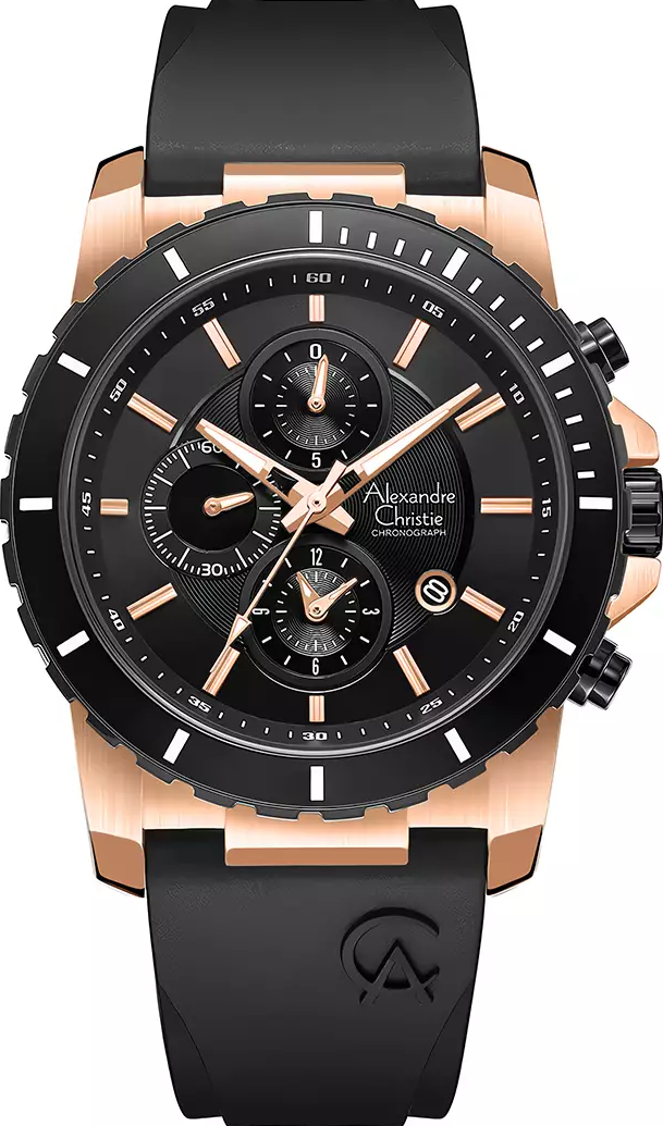 萬年鐘錶 - Alexandre Christie  全黑玫瑰金框三眼質感休閒男錶 6141MCBBRBA 錶徑42MM  (AC 錶)