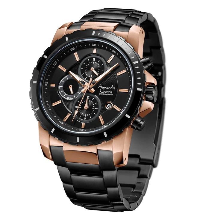 萬年鐘錶 - Alexandre Christie  全黑玫瑰金框三眼質感休閒男錶 6141MCBBRBA 錶徑42MM  (AC 錶)