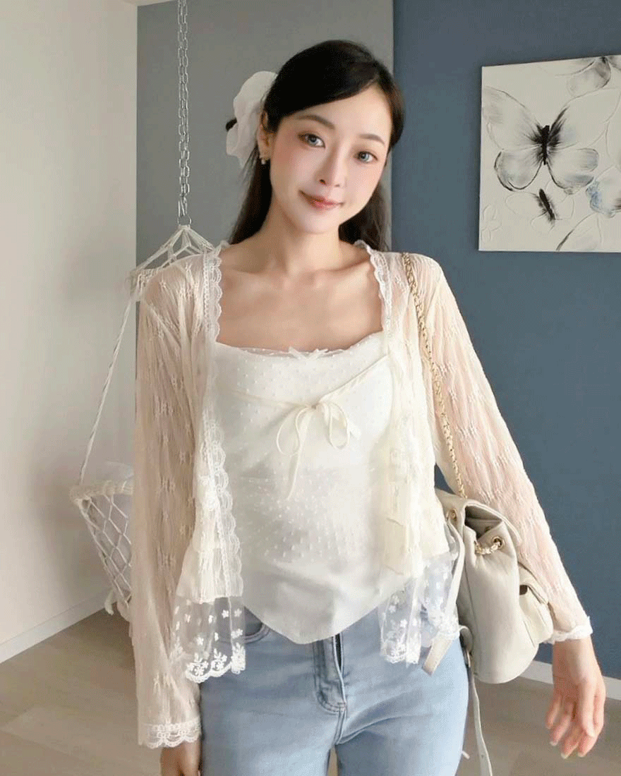 LINA LINA唯美手扎刺繡花朵蝴蝶結蕾絲罩衫-溫柔杏