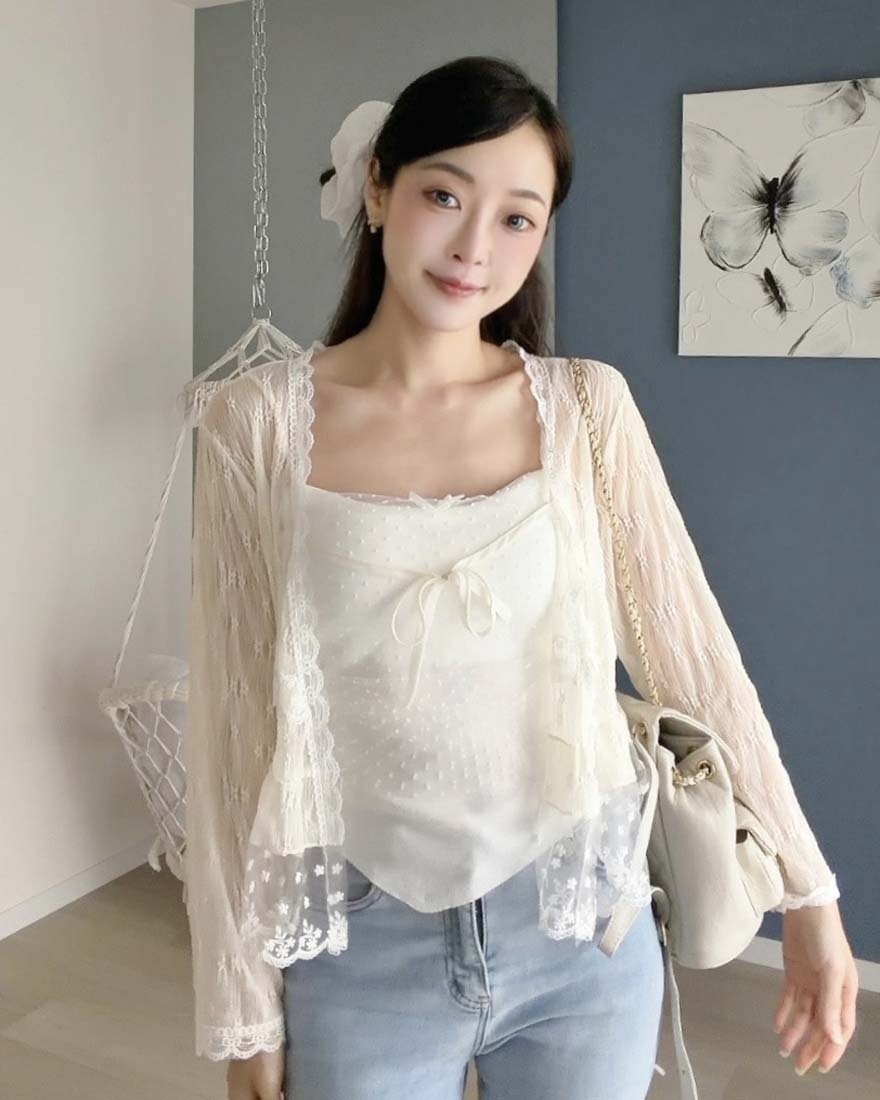 LINA LINA唯美手扎刺繡花朵蝴蝶結蕾絲罩衫-溫柔杏
