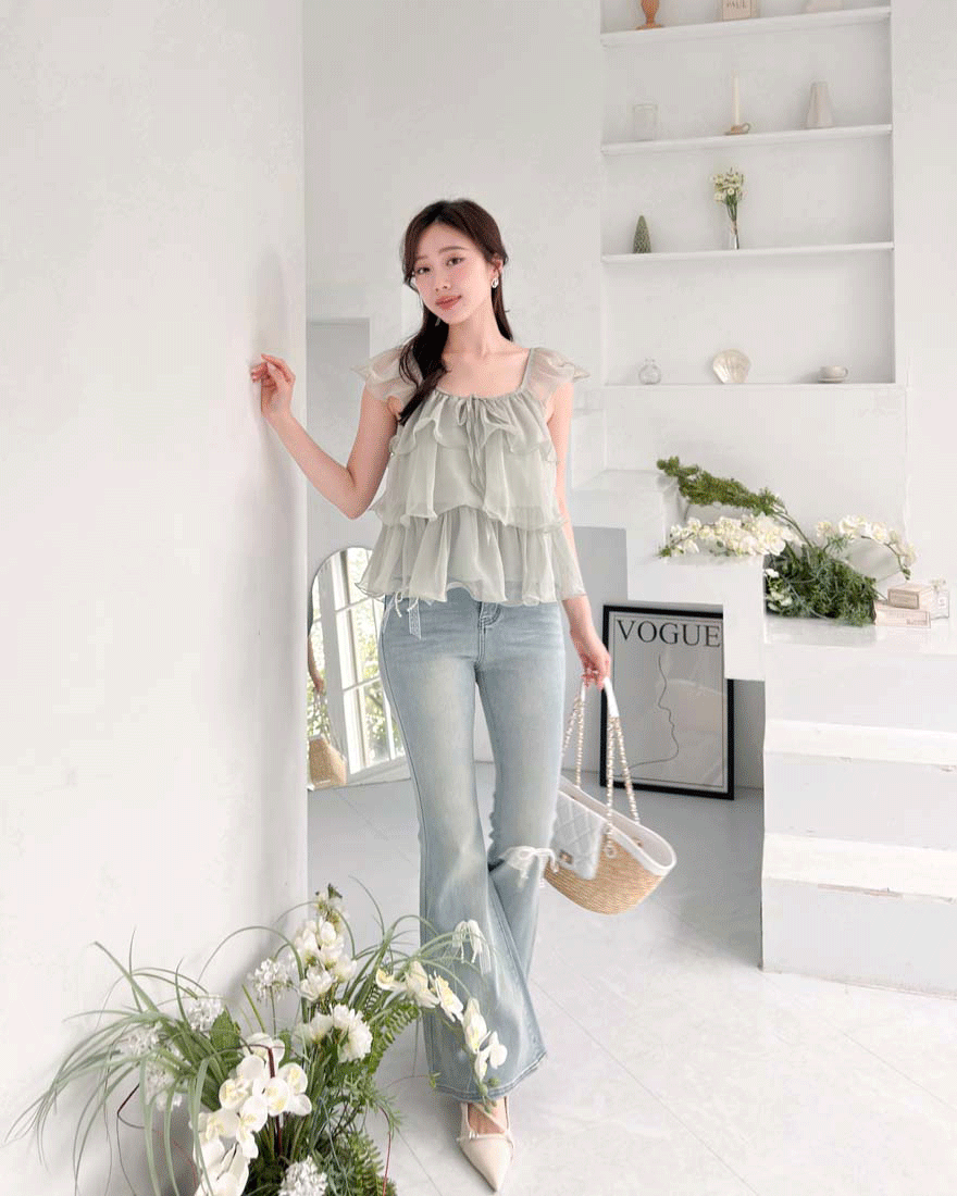 LINA LINA鄰家氣質層次荷葉滾邊蝴蝶綁結上衣-典雅綠
