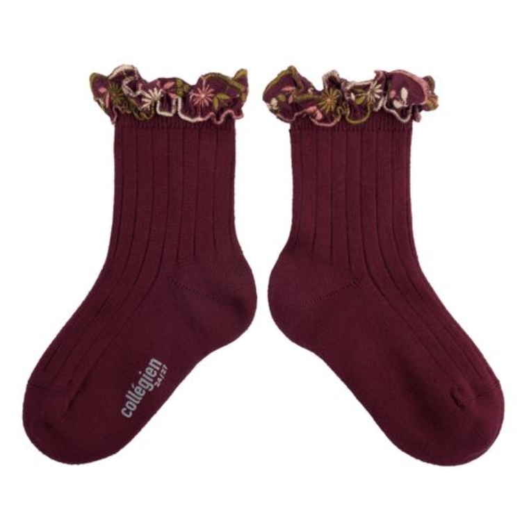(預購) COLLEGIEN 花卉刺繡荷葉邊低筒襪 Anémone - 640 Bordeaux Grand Cru 酒紅