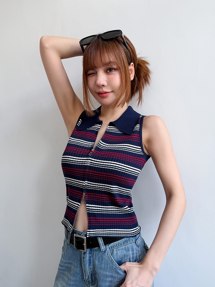 休閒polo領·條紋雙拉鏈針織背心（4色）