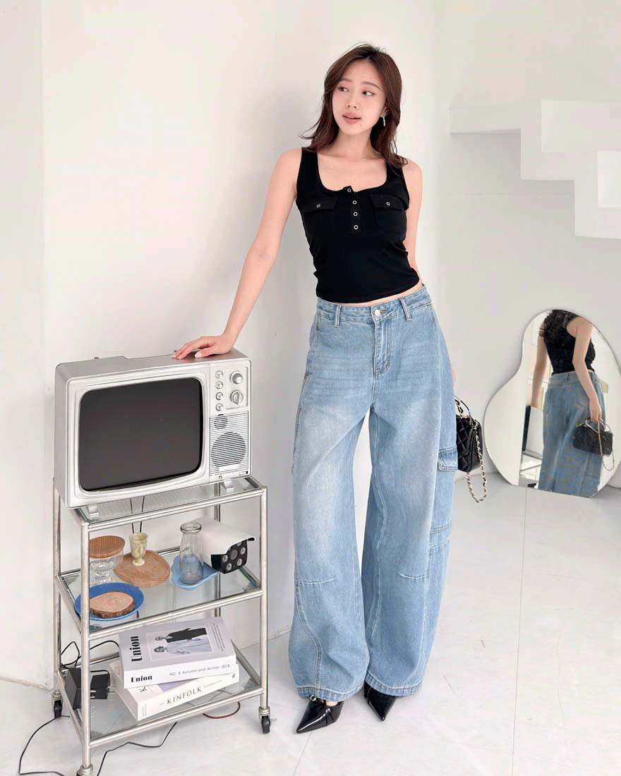 LINA LINA率性街頭口袋造型貓爪刷色彎刀褲-藍S-XL