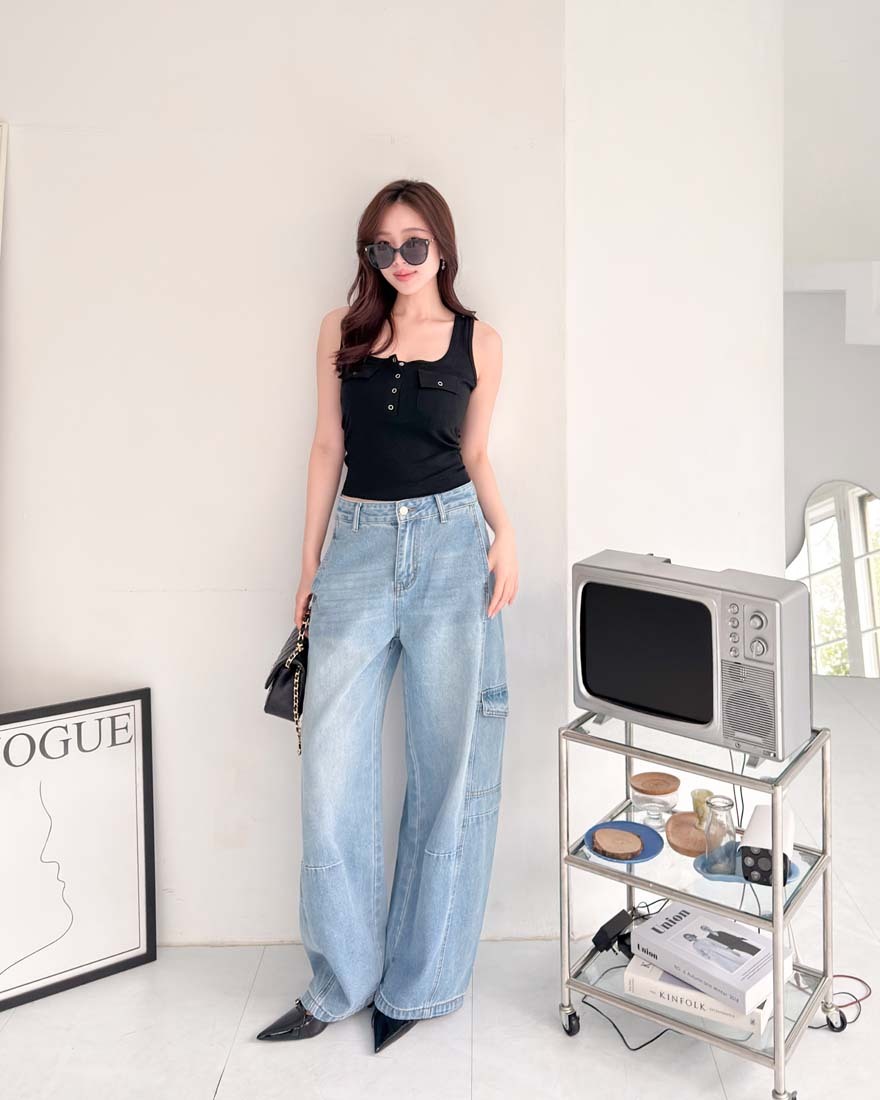 LINA LINA率性街頭口袋造型貓爪刷色彎刀褲-藍S-XL