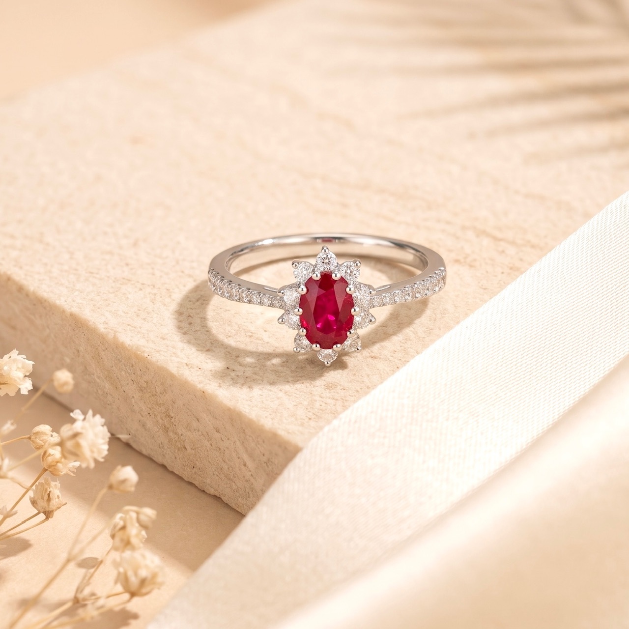 18K Gold Natural Ruby Ring with Diamonds setting - Oval cut