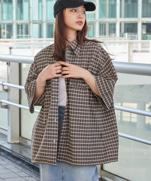 日本 HECT Big W-Pocket Draw Cord Seersucker Check Shirt [sh1257]